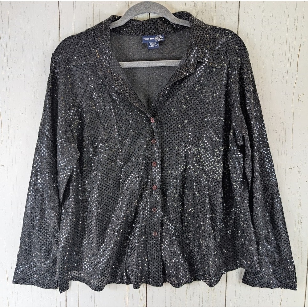 Venezia Jeans Size 14/16 Womens Black Sequined Button Up Long Sleeve Top